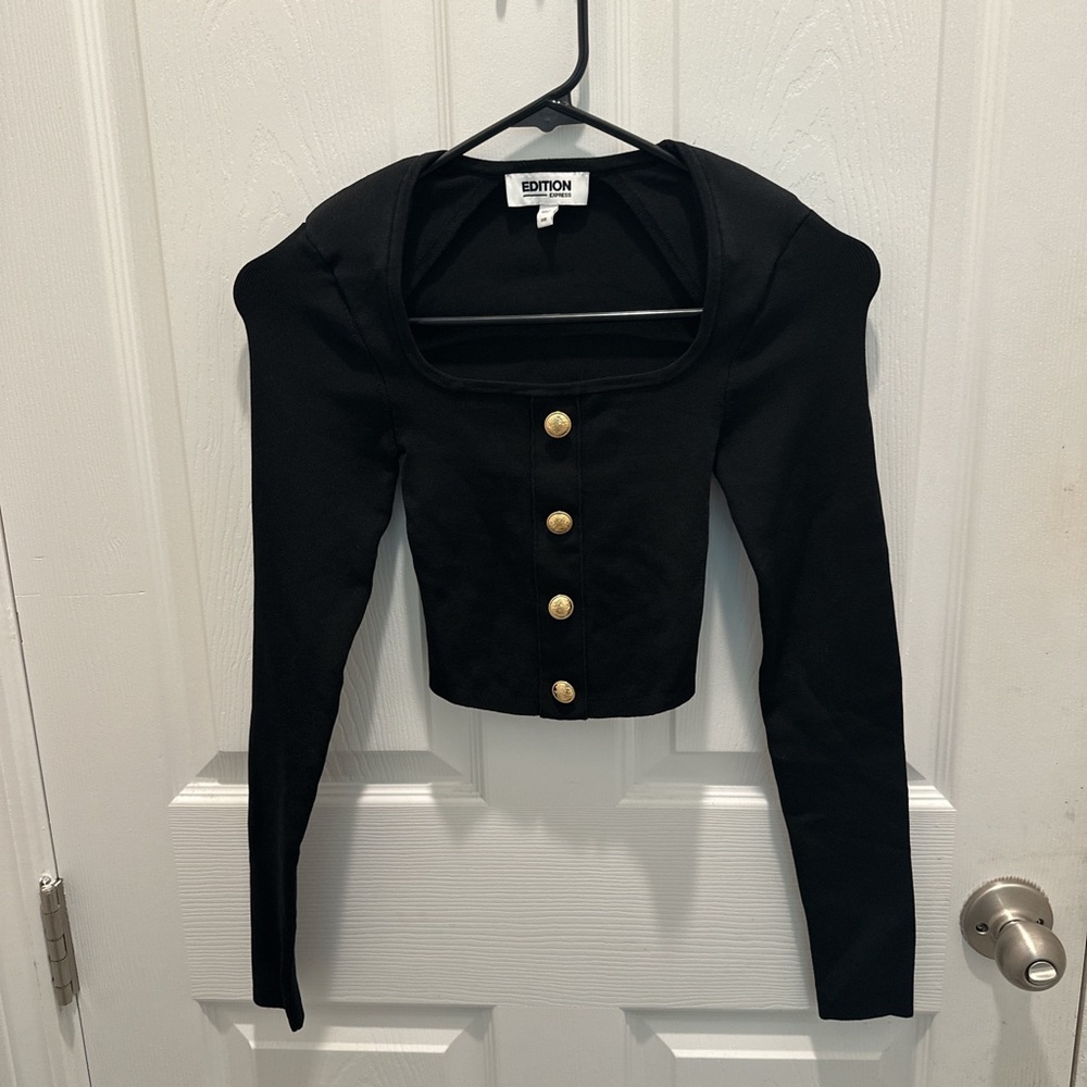 Edition Express Black Long-Sleeve Cropped top with Gold Buttons accent